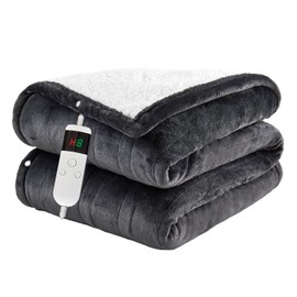 Electric Blanket Heated Queen, Soft Flannel Heating Blanket with 8 Hours Auto Off 10 Fast Heating Levels Machine Washable Sherpa Heated Blanket with Overheating Protection