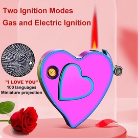3-in-1 Dual-Heart Lighter: Windproof Flame, 100 I Love You Laser Projections, Gift for Couples (Home/Party Use) - Color: Gradient pink