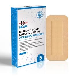 Hilom Silicone Foam Dressing with Adhesive Border 4 in x 8 in (5 Pack) Waterproof Dressing, Latex Free for Moist to Heavily draining Wounds…