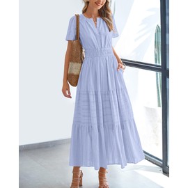 BTFBM Womens Summer 2025 Casual Midi Maxi Dresses Lightweight Short Sleeve V Neck Elastic Waist Boho Beach Dress Pockets(Light Blue, Small)