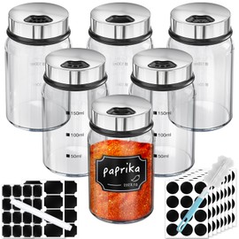 Segarty Spice Jars with Labels, 6 Pack 5oz Glass Spice Containers with Lids, Empty Clear Salt Shakers for Kitchen Condiment Storage, Spice Bottles Set with 136 Stickers, 1 Marker Pen and 1 Brush