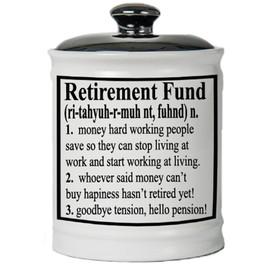 Cottage Creek Piggy Bank, Retirement Fund Coin Bank, Round Ceramic Retirement Savings Jar with Black Lid, Retirement Change Box [White]