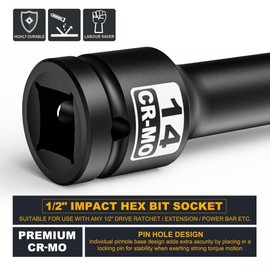 KIRXST 1/2" Impact Hex Bit Socket, H14 (14mm) Allen Key Socket, Premium CR-MO Steel, for Torque Wrench, Ratchet Wrench, Impact Power Drills