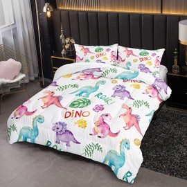 XYNHML Cartoon Dinosaur Comforter Set Queen 3Pc Kawaii Dinosaur Bedding Set All Season with Tree, Leaf Decoration Includes 1 Comforter, 2 Pillowcases for Kids Girls Teens