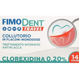 Fimodent Travel Collutorio alla Clorexidina 0.20% in 14 pratiche monodosi da 10mL. Con SPDD (Sistema Protezione Discromie Dentali) e gusto menta. Trattamento antiplacca e antibatterico intensivo