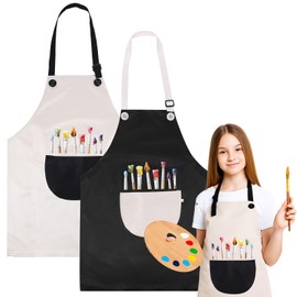 KFHENSOMR 2 Pack Children's Apron Adjustable Art Apron with Front Pocket Girls Boys Aprons for Kids Artist Painting Crafting Cooking Baking Art Gardening (Gray & Black)