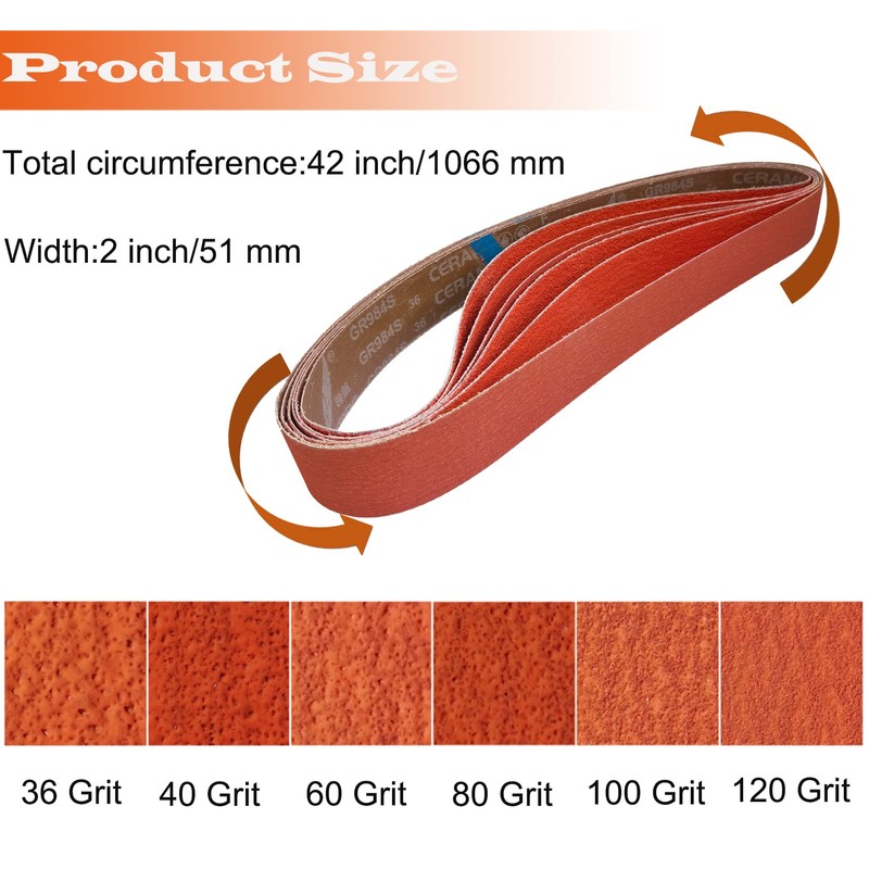Tonmp 6 PCS 2 x 42 Inch Metal Grinding Ceramic