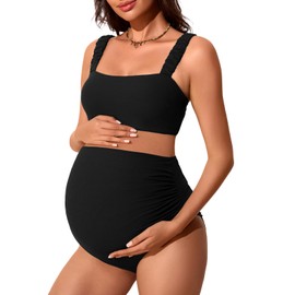 Summer Mae Ribbed Maternity Bikini Swimsuit for Women High Waisted Two-Piece Bathing Suit Crop Top Pregnancy Swimwear Black 4
