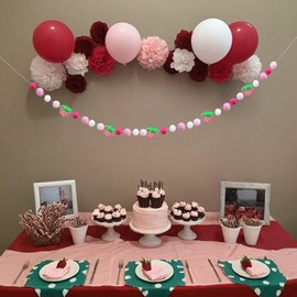 Strawberry Felt Ball Garland, 6 Ft Pink White Green Pom Pom Banner, Decorative Hanging Banner for Birthday, Baby Shower, Home