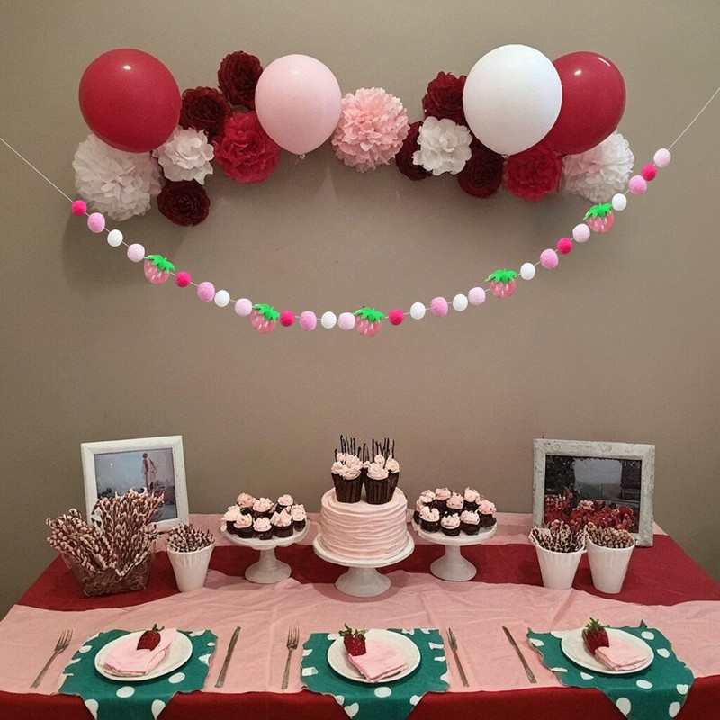Strawberry Felt Ball Garland, 6 Ft Pink White Green Pom