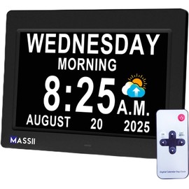 MASSII 8 Inch Large Dementia Clock 19 Alarms with Auto DST, 20 Custom Reminders,10 Levels Auto Dimmer, 6 Display Modes, Digital Clock with Date and Time, 8" Black with Remote