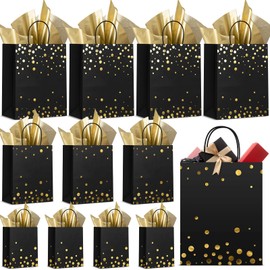 Humyoun 12 Pack Gift Bags Assorted Sizes Gift Bags with Tissue Paper Senior Gift Wrap Bags with handle (4 Small 6.5", 4 Medium 9.6", 4 Large 13") for Christmas Gift Birthday Party (Black and Gold)