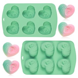 QELEG Heart-Shaped Chocolate Cookie Molds Silicone - Set of 2 Non-Stick Muffin Pan Silicone Heart Molds for Baking, Candy, Gummy, Jelly - Green, 2Pcs/6-Cavity