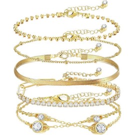 Gold Bracelets for Women, 14K Gold Plated Dainty Layered Chain Bracelets Adjustable Cute Bangle Link Bracelet Set:_Chain Gold