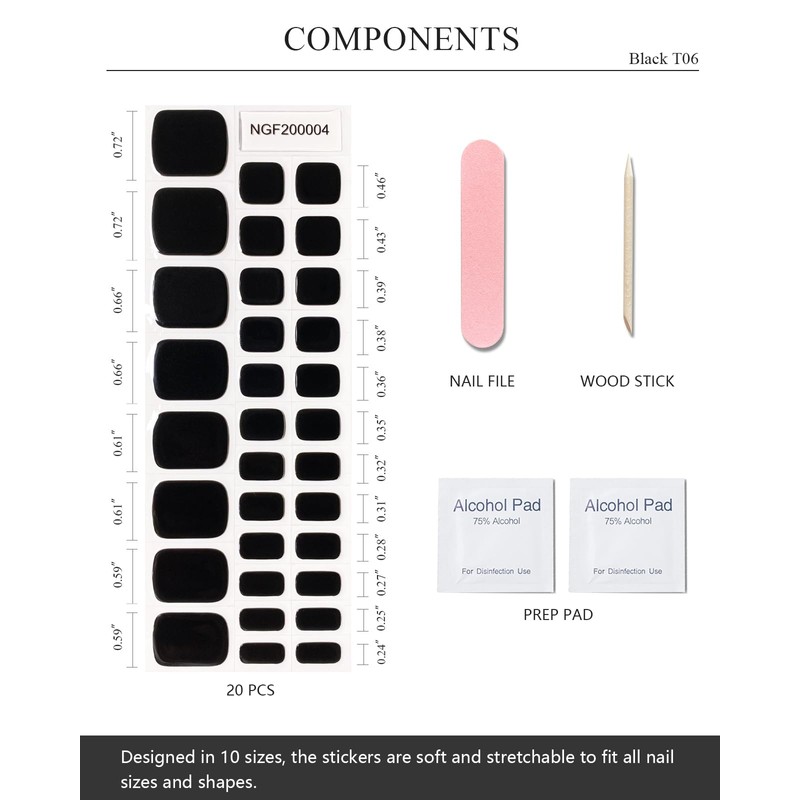 AutyaMee Semi Cured Gel Toenail Strips (Black T06), 32 Pcs