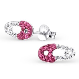 925 Sterling Silver Pink & White Crystal Safety Pin Stud Earrings 22276