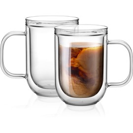 Aquach 16-ounce Large Double Walled Glass Coffee Mugs with Handle, Set of 2 - Clear Cups for Latte, Cappuccino, and Tea