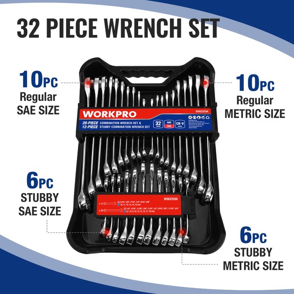 WORKPRO WORKPRO 32-Piece SAE & Metric Combination Wrenches Set, 20-Piece