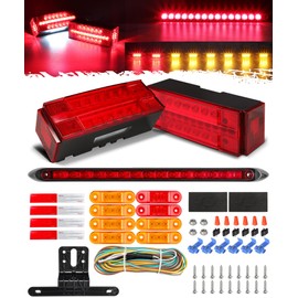 Partsam Submersible LED Trailer Tail Light Kit, Rectangular Trailer Lights+ID Bar+8 Markers, Combined Stop Turn License Plate Running Lamps with 25FT Wiring Harness Reflective Stickers, 12V