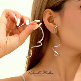 KELMALL Silver Plated Vintage Irregular Geometric Twisted Dangle Earrings for Women Trend Long Spiral Wavy Ribbon Drop Earring - Gift Box Packed