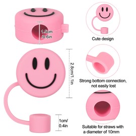 Whaline 4Pcs Smile Face Straw Cover Caps 0.4 Inch Pink White Blue Purple Silicone Reusable Round Straw Topper Double Sided Pattern Straw Tip Covers for 30 & 40 OZ Tumbler with Handle