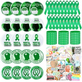 Seenelling 158 piezas de artículos de concienciación sobre la salud mental incluyen alfileres de cinta verde, broches de insignia, pegatinas, pulseras de goma para regalos de salud mental que apoyan a