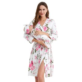 Galabloomer Maternity Robe and Baby Receiving Blanket, Matching Mommy Labor Delivery Robe and Swaddle Set