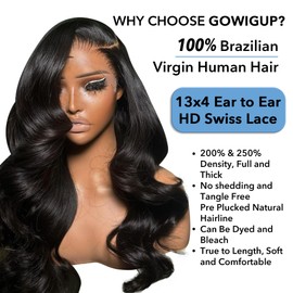 Gowigup 24inch 13x4 HD Full Frontal Wig 250% Density Lace Pre Plucked Baby Hair Bleached Knots Human Hair Wigs Bodywave