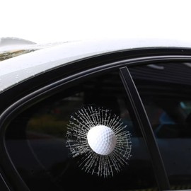 MOXRUQ 1 PC Tricky Car Broken Glass Window Stickers, 3D Prank 7.09" Funny Stereo Balls Hits Car Body Window Decal, Realistic Ball Impact Windows Sticker, Universal for Most Cars (White#Golf)