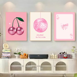 champracer Pink Poster Set, Pink Picture Aesthetic Decoration, Aesthetic Pink Bow Tie, Cherry Wall Pictures, Premium Canvas Picture Set for Dormitory Teen Girls Room Decoration, Without Frame (30 x 40