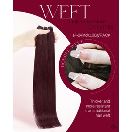 Moresoo Dark Red Weft Hair Extensions Human Hair 100g Red Hair Sew in Extensions for Women Burgundy Long and Straight 24inch