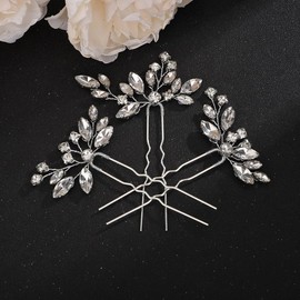 Teyglen 3pcs Teyglen Crystal Bride Wedding Hair Pins Bridal Rhinestone Hair Pins Set Handmade Blue Black Red Crystal Hair Pieces Wedding Hair Accessories for Bride Women Girls (Silver)