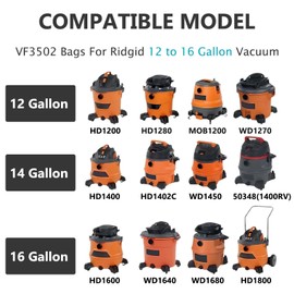 6 Pack VF3502 Replacement Vacuum Bags for Ridgid Shop Vac, Compatible with 12-16 Gallon Wet/Dry Vac Models, High-Efficiency Dust Bags for WD1956, WD1450, WD1270, RV2400HF, and More