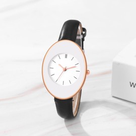 JewelryWe Women Oval Leather Watch: Ladies Black Elegant Quartz Analog Ultra Thin Lightweight Simple Casual Wristwatch