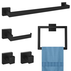 16 in Bathroom Hardware Set, 5 Piece Matte Black Stainless Steel Hardware Set, Include Towel Rack, Towel Ring, Toilet Paper Holder, 2 Robe Towel Hooks, Bathroom Accessory kit