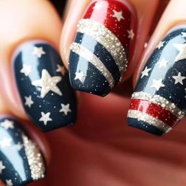 Press On Nails 4th Of July,Independence Day Fake Nails Short Square Blue,Stick On Nails Press Ons With American Flag Design Star,Glossy Acrylic False Nails,Reusable Glue On Nails For Women