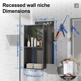 Bathbliss No Tile Need Shower Niche,11.18" x 22.3" Stainless Steel Horizontal and Vertical Recessed Wall Niche Insert Tile Ready for Shower Wall,Two-Tier Bathtoom Shelf with Nano-cleaning Coating