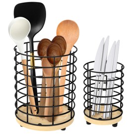 UKQRRTC 2Pcs Hollow out Iron Utensil Caddy, 2 Sizes, Open Top Cooking Utensil Organizer with Wooden Base for Spatula Spoon Chopstick