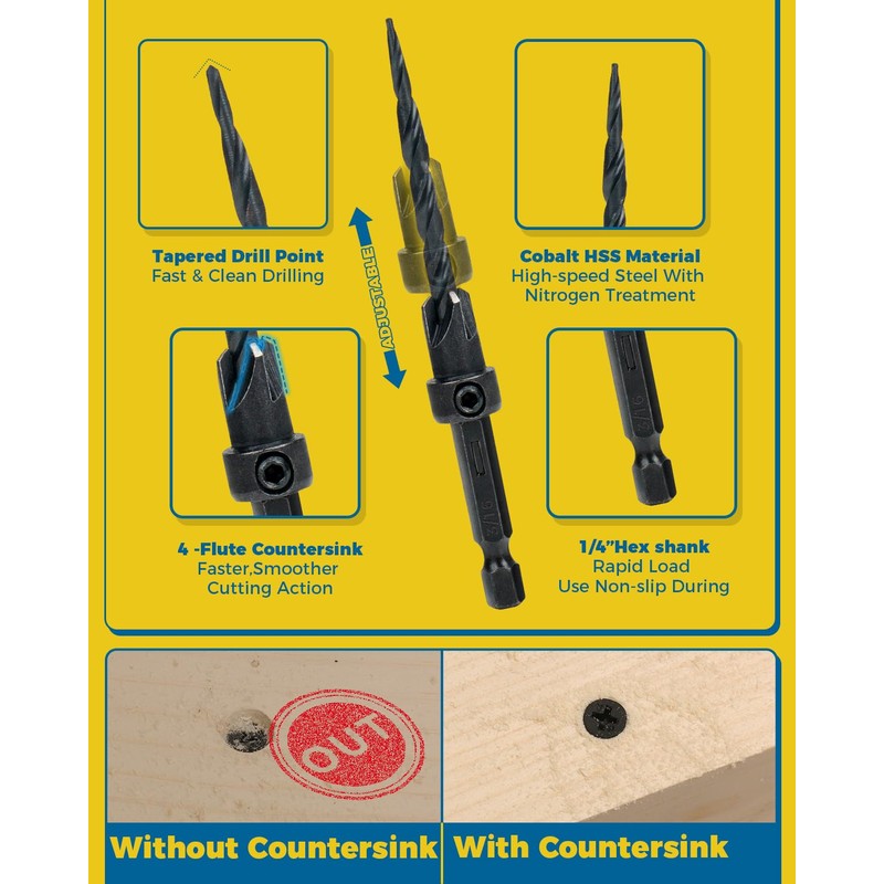 16PCS Countersink Drill Bit Set, Adjustable Depth Tapered Drill Bits