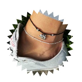 Andelaisi Boho Layered Wax Rope Anklets Vintage Elephant Ankle Bracelet Silver Elephant Pendant Anklet Bracelet Satellite Anklet Ball Beaded Foot Chain Jewelry for Women