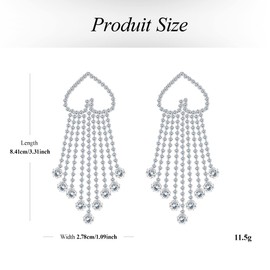 Dochais Statement Earrings, Long Heart Earrings with Tassel, Glitter Earrings, Silver, Large Hanging, Hypoallergenic Earrings, Crystal Earrings, Fashion Jewellery Earrings Hanging, Alloy Steel, Zircon