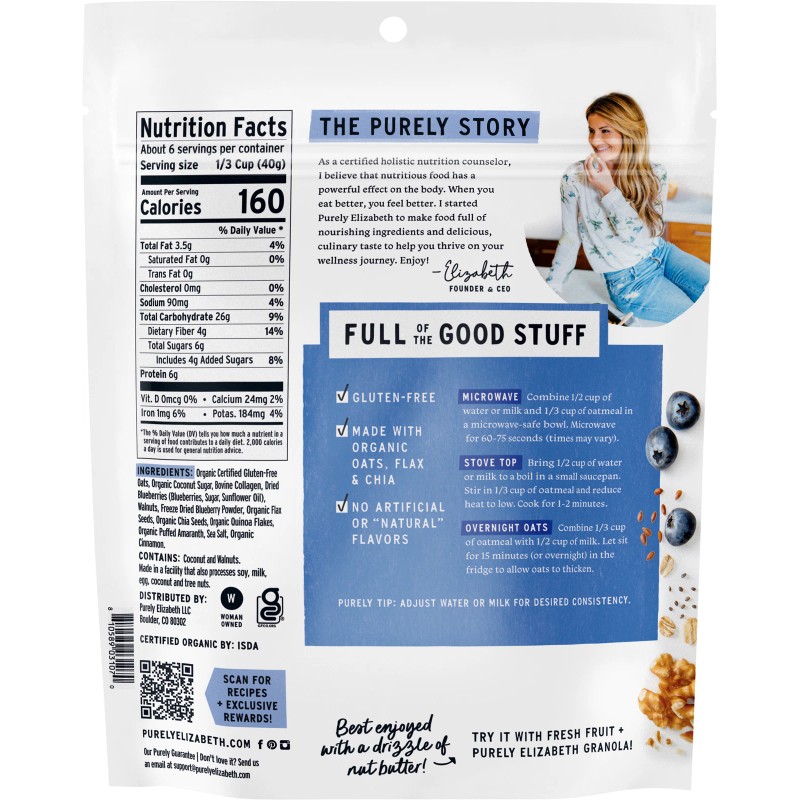 Purely Elizabeth Collagen Oat Blueberry Walnut 8 oz (Pack of