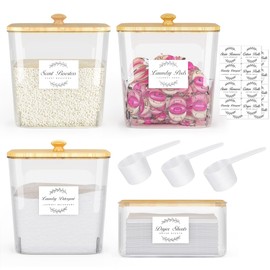 Vincona Laundry Room Organization and Storage, Laundry Pods Container and Dryer Sheet Holder with Bamboo Lids and Labels, Laundry Organizer with Scoops for Booster Beads, Powder, Pods, 3+1 Pack