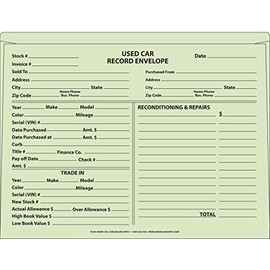 SSWBasics Used Car Deal Jackets Green 9 1/2"H x 11 3/4"W - Pack of 100 - Dealership