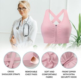 Evercute Zip Front Post-Surgery Bra Women's Wireless Sports Bras Padded Strappy Medium Support Yoga Exercise Athletic Bras, Black White Pink Lavender Lime-green 5 Pack, Large