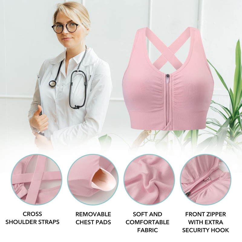 Evercute Zip Front Post-Surgery Bra Women's Wireless Sports Bras Padded
