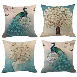 NAVIBULE Pack of 4 Color Peacock Beautiful Flower and Tree Pattern Decorative Throw Pillow Cases Cushion Covers for Couch Sofa Car Square 18 x 18Inch