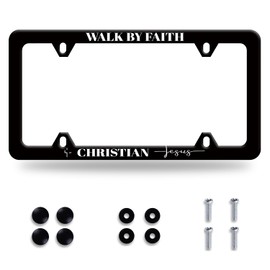 Walk by Faith License Plate Frame Christian Jesus License Plate Personalise Stainless Steel Auto Parts Funny Text License Plate Decoration with Screws Size 12.3 x 6.3