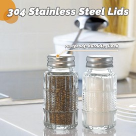 Wongblee 2 Pack Glass Salt and Pepper Shakers Set with 304 Stainless Steel Lid, Vintage Spice Shakers for Dining Room Table, Kitchen, Restaurant(Round-Beaded)