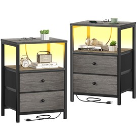 BOLUO Grey Nightstands Set of 2, Bedroom Night Stand Set Two Nightstand with Charging Station and LED Light, Bedside Table with 2 Fabric Drawers Grey